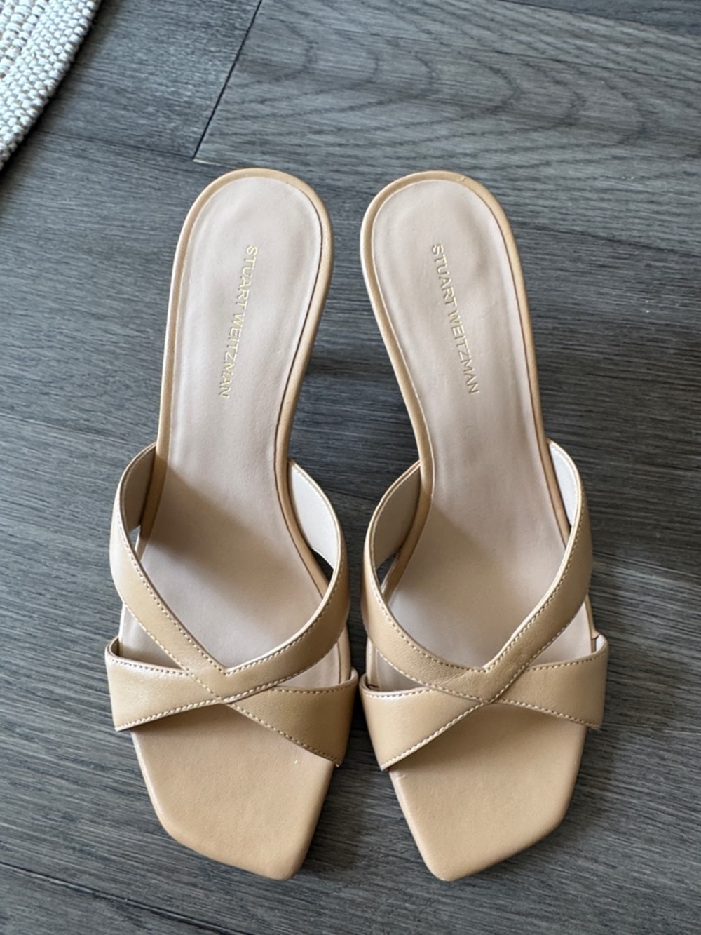 Stuart Weitzman Beige Cross-Strap Slide Mules